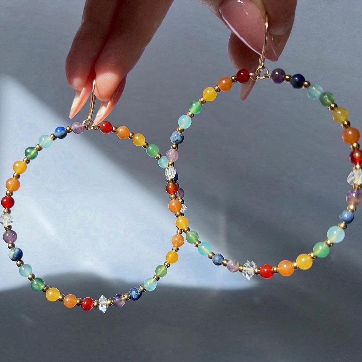 Beaded Chakra Gemstone Hoop Earrings: Boho Gemstone Chakra Hoops- Raw Chakra Gemstone Earrings, Handmade Earrings For Women