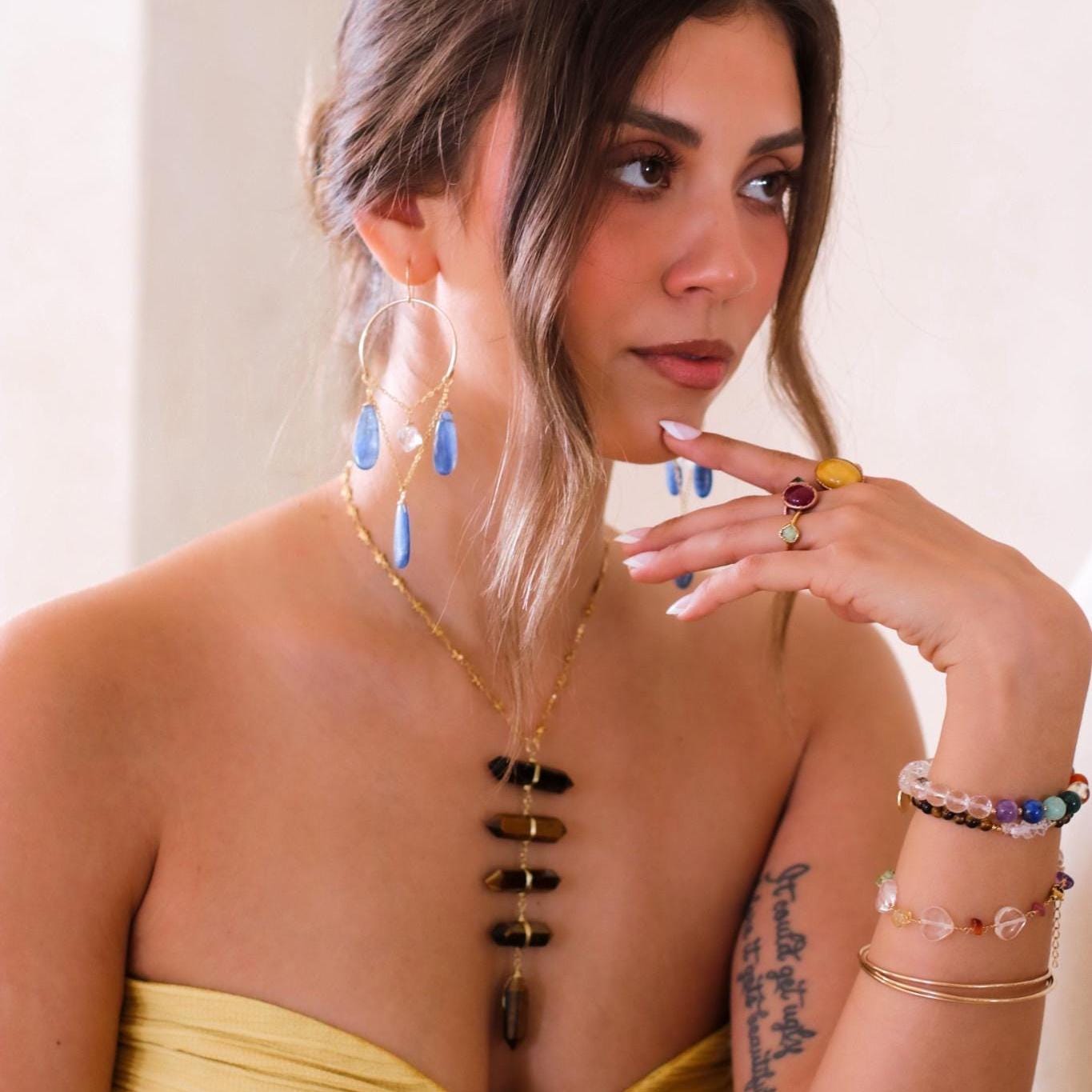 Boho Chandelier Gemstone Earrings with Kyanite and Herkimer Diamonds, Blue Wedding Jewelry, Statement Earrings, Something Blue