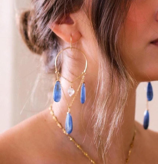 Boho Chandelier Gemstone Earrings with Kyanite and Herkimer Diamonds, Blue Wedding Jewelry, Statement Earrings, Something Blue