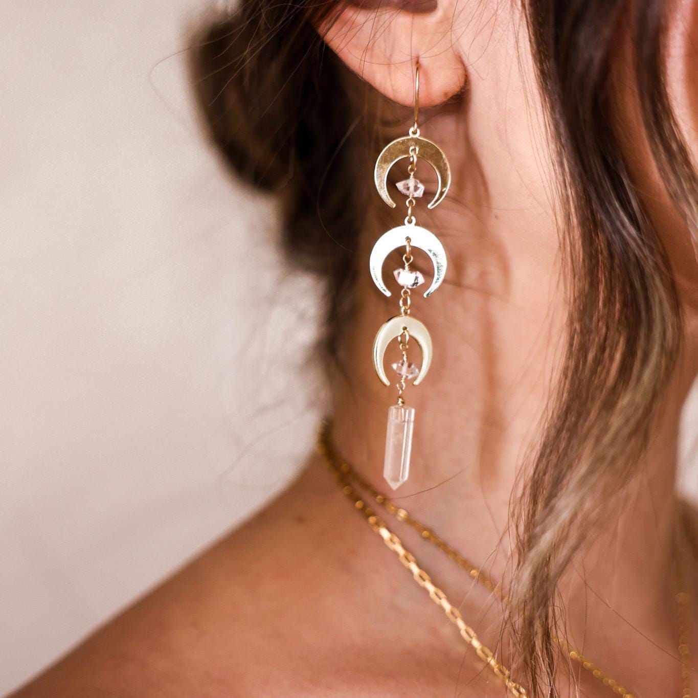 Crystal Moon Dangle Earrings, Triple Moon Goddess Earrings, Gold Moon Jewelry, Boho Crescent Moon Earrings