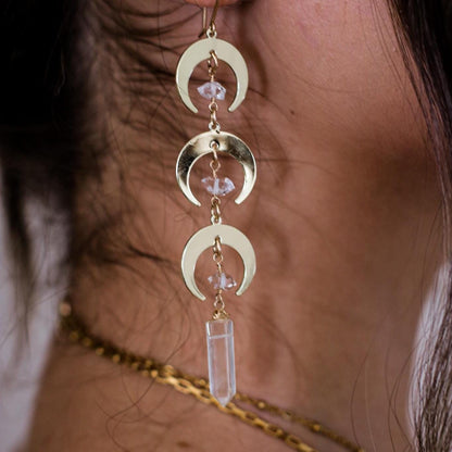 Crystal Moon Dangle Earrings, Triple Moon Goddess Earrings, Gold Moon Jewelry, Boho Crescent Moon Earrings