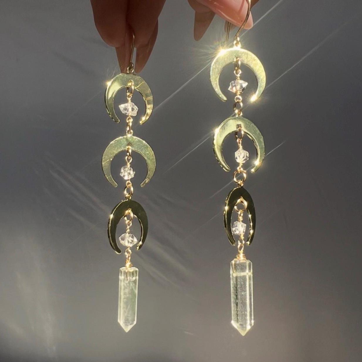 Crystal Moon Dangle Earrings, Triple Moon Goddess Earrings, Gold Moon Jewelry, Boho Crescent Moon Earrings