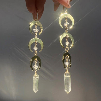 Crystal Moon Dangle Earrings, Triple Moon Goddess Earrings, Gold Moon Jewelry, Boho Crescent Moon Earrings