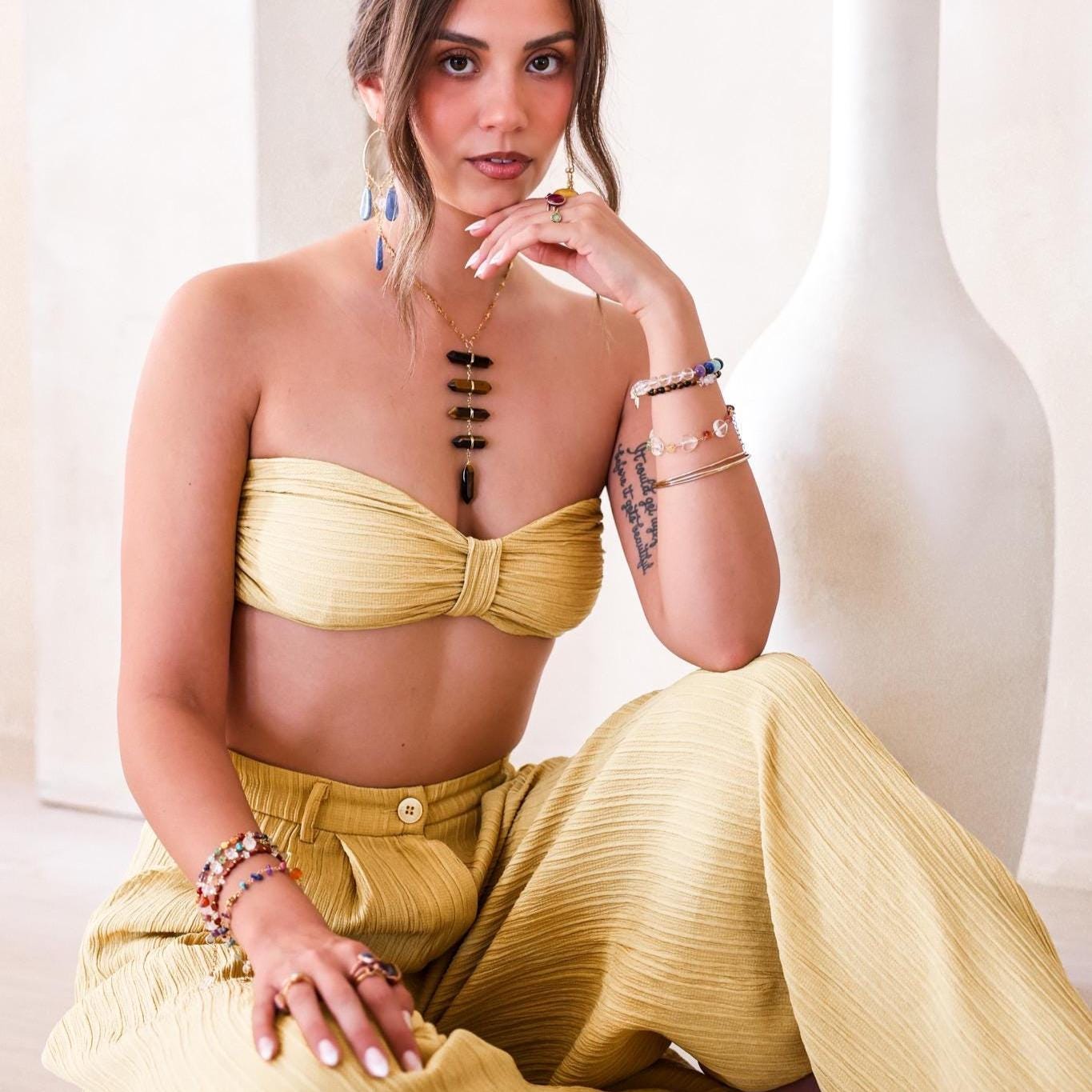 Tigers Eye Point Lariat Necklace: Boho Crystal Statement Jewelry, Boho Statement Necklace, Earthy Crystal Necklace, Tigers Eye Jewelry