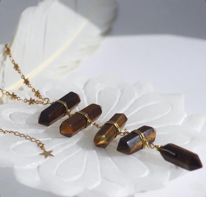 Tigers Eye Point Lariat Necklace: Boho Crystal Statement Jewelry, Boho Statement Necklace, Earthy Crystal Necklace, Tigers Eye Jewelry