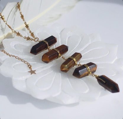 Tigers Eye Point Lariat Necklace: Boho Crystal Statement Jewelry, Boho Statement Necklace, Earthy Crystal Necklace, Tigers Eye Jewelry