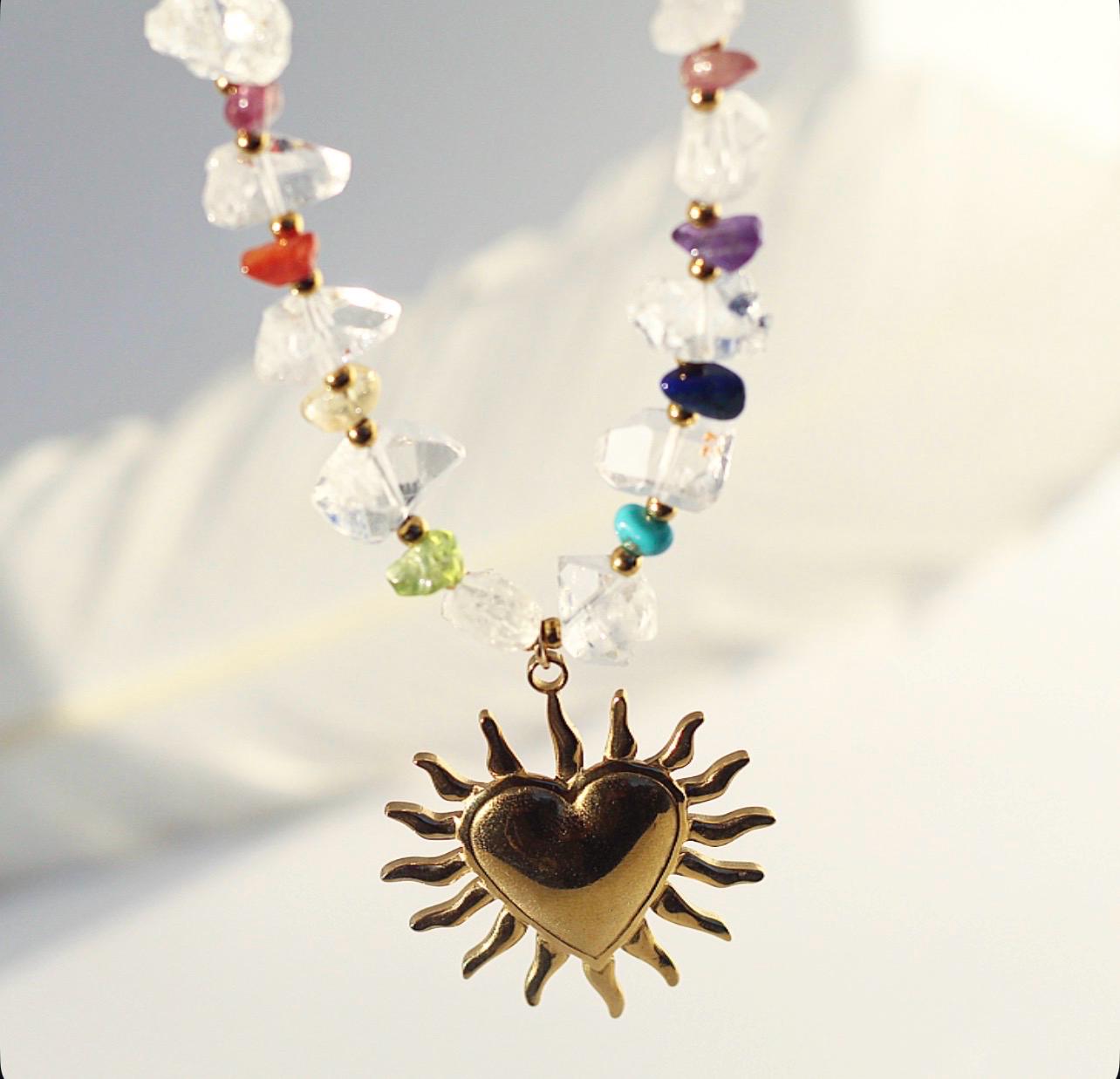 Chakra Gemstone and Herkimer Diamond Statement Necklace, Heart Chakra Choker Necklace, Chakra Stone Choker, Chunky Gemstone Choker Necklace