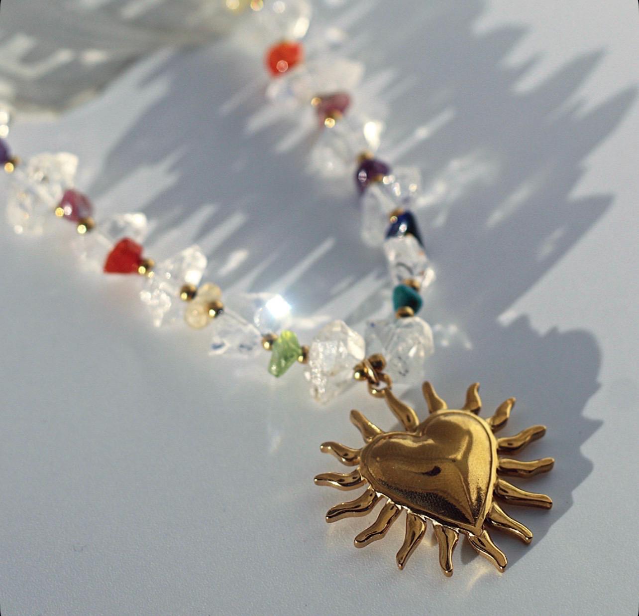 Chakra Gemstone and Herkimer Diamond Statement Necklace, Heart Chakra Choker Necklace, Chakra Stone Choker, Chunky Gemstone Choker Necklace