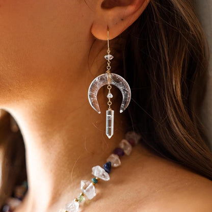 Crystal Quartz Crescent Moon Dangle Earrings, Genuine Quartz Jewelry, Crystal Quartz Moon Jewelry, Celestial Jewelry, Whimsical Earrings