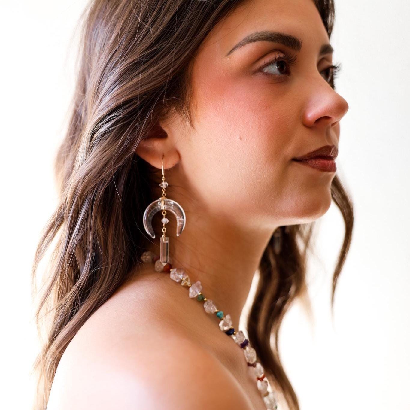 Crystal Quartz Crescent Moon Dangle Earrings, Genuine Quartz Jewelry, Crystal Quartz Moon Jewelry, Celestial Jewelry, Whimsical Earrings