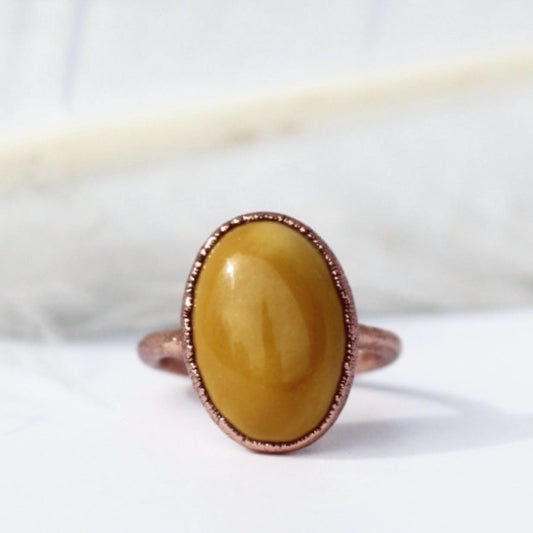 Electroformed Copper Mookaite Ring: Oval Yellow Stone Jewelry, Mookaite Jasper Jewelry, Sunny Yellow Stone Ring