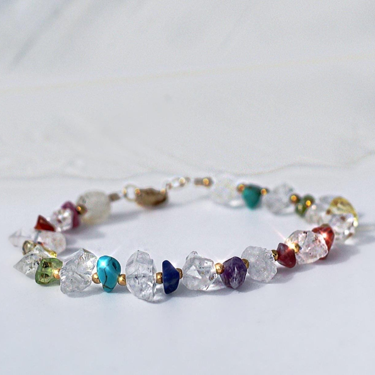 Herkimer Diamond Chakra Stone Beaded Bracelet, Chunky Crystal Bracelet, Rainbow Gemstone Bracelet, Natural Crystal Jewelry, Sparkly Crystals