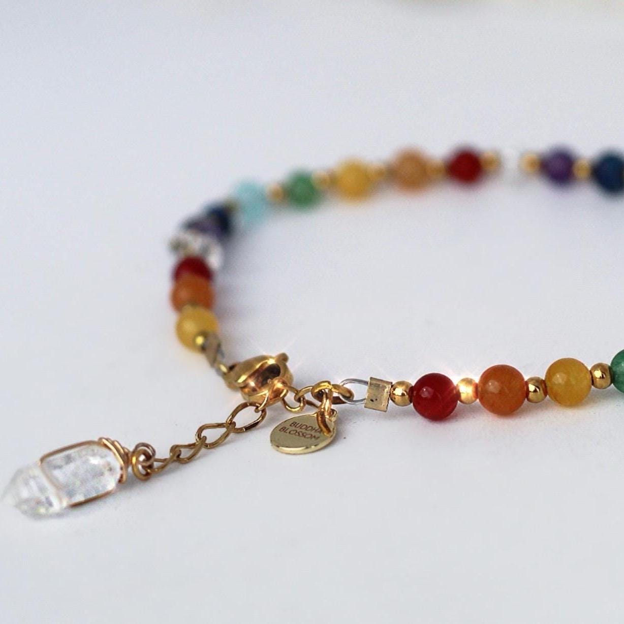 Chakra Gemstone Bracelet with Herkimer Diamonds, Adjustable Mala Bead Bracelet, Natural Chakra Stone Jewelry, Rainbow Beaded Bracelet