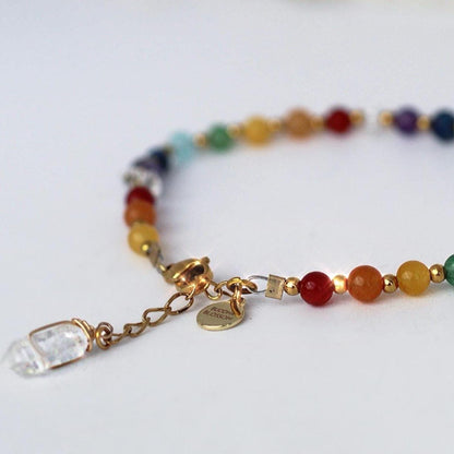 Chakra Gemstone Bracelet with Herkimer Diamonds, Adjustable Mala Bead Bracelet, Natural Chakra Stone Jewelry, Rainbow Beaded Bracelet
