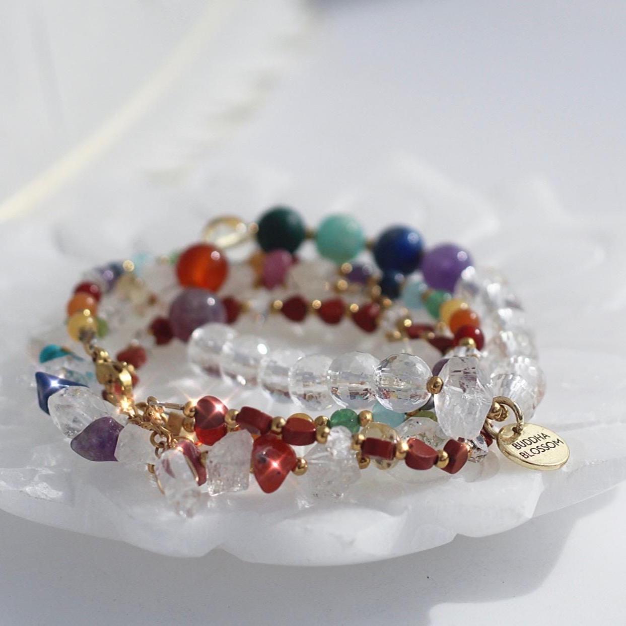 Chakra Gemstone Bracelet with Herkimer Diamonds, Adjustable Mala Bead Bracelet, Natural Chakra Stone Jewelry, Rainbow Beaded Bracelet