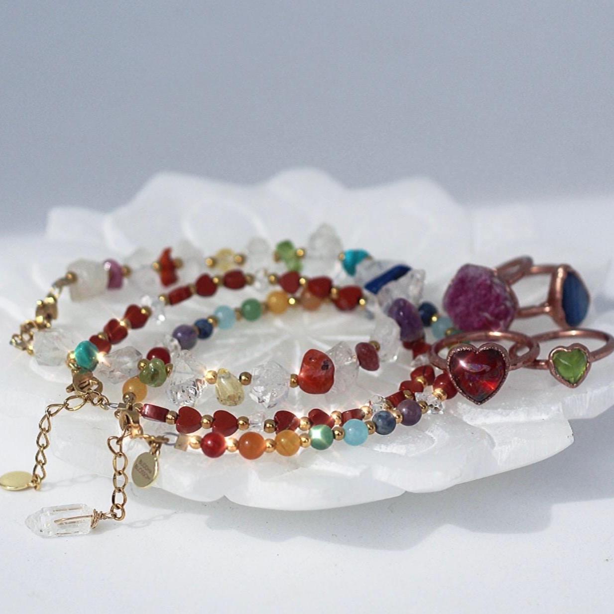 Chakra Gemstone Bracelet with Herkimer Diamonds, Adjustable Mala Bead Bracelet, Natural Chakra Stone Jewelry, Rainbow Beaded Bracelet