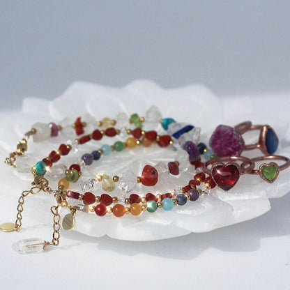 Chakra Gemstone Bracelet with Herkimer Diamonds, Adjustable Mala Bead Bracelet, Natural Chakra Stone Jewelry, Rainbow Beaded Bracelet