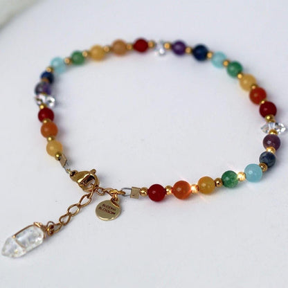 Chakra Gemstone Bracelet with Herkimer Diamonds, Adjustable Mala Bead Bracelet, Natural Chakra Stone Jewelry, Rainbow Beaded Bracelet