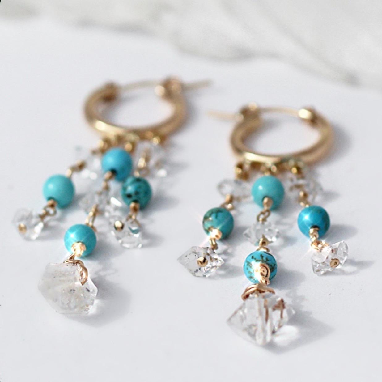 Delicate Boho Beaded Huggies, Dainty Boho Turquoise Hoops, Gemstone Huggie Earrings, Bohemian Earrings, Herkimer Diamond Dangle Earrings