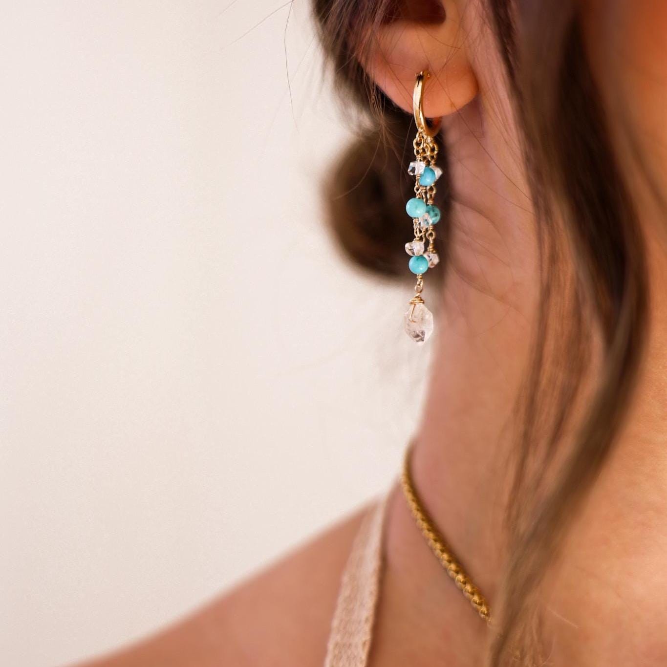 Delicate Boho Beaded Huggies, Dainty Boho Turquoise Hoops, Gemstone Huggie Earrings, Bohemian Earrings, Herkimer Diamond Dangle Earrings