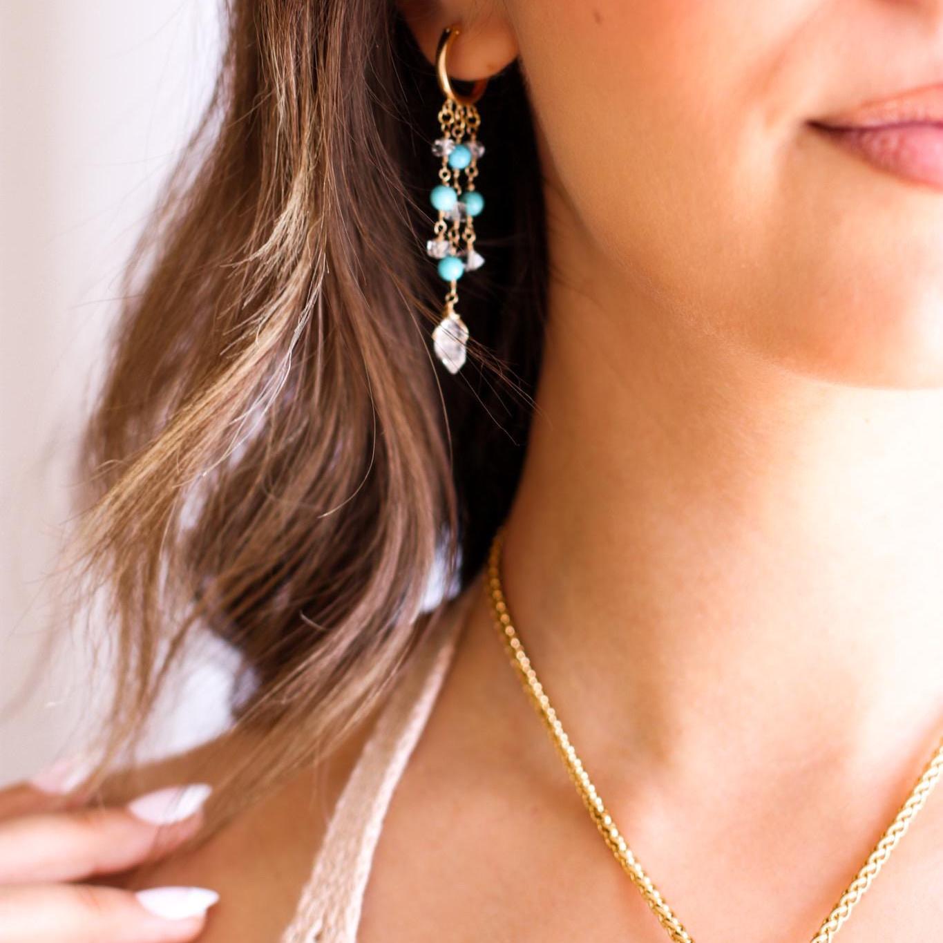 Delicate Boho Beaded Huggies, Dainty Boho Turquoise Hoops, Gemstone Huggie Earrings, Bohemian Earrings, Herkimer Diamond Dangle Earrings