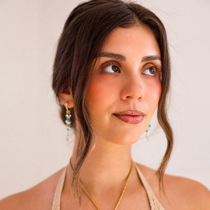 Delicate Boho Beaded Huggies, Dainty Boho Turquoise Hoops, Gemstone Huggie Earrings, Bohemian Earrings, Herkimer Diamond Dangle Earrings