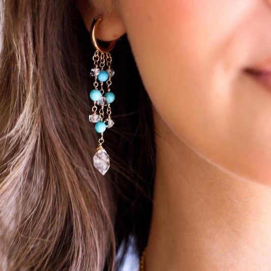 Delicate Boho Beaded Huggies, Dainty Boho Turquoise Hoops, Gemstone Huggie Earrings, Bohemian Earrings, Herkimer Diamond Dangle Earrings