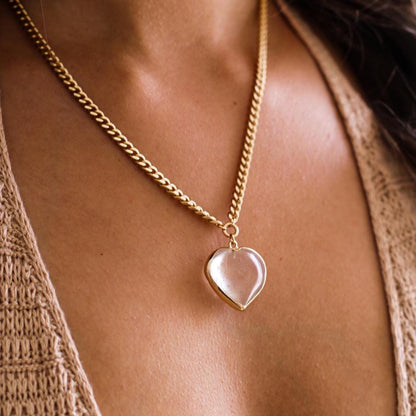 Crystal Quartz Heart Necklace on Curb Chain in Gold or Silver, Thick Chain Choker Necklace with Gemstone Heart Charm, Crystal Heart Gift
