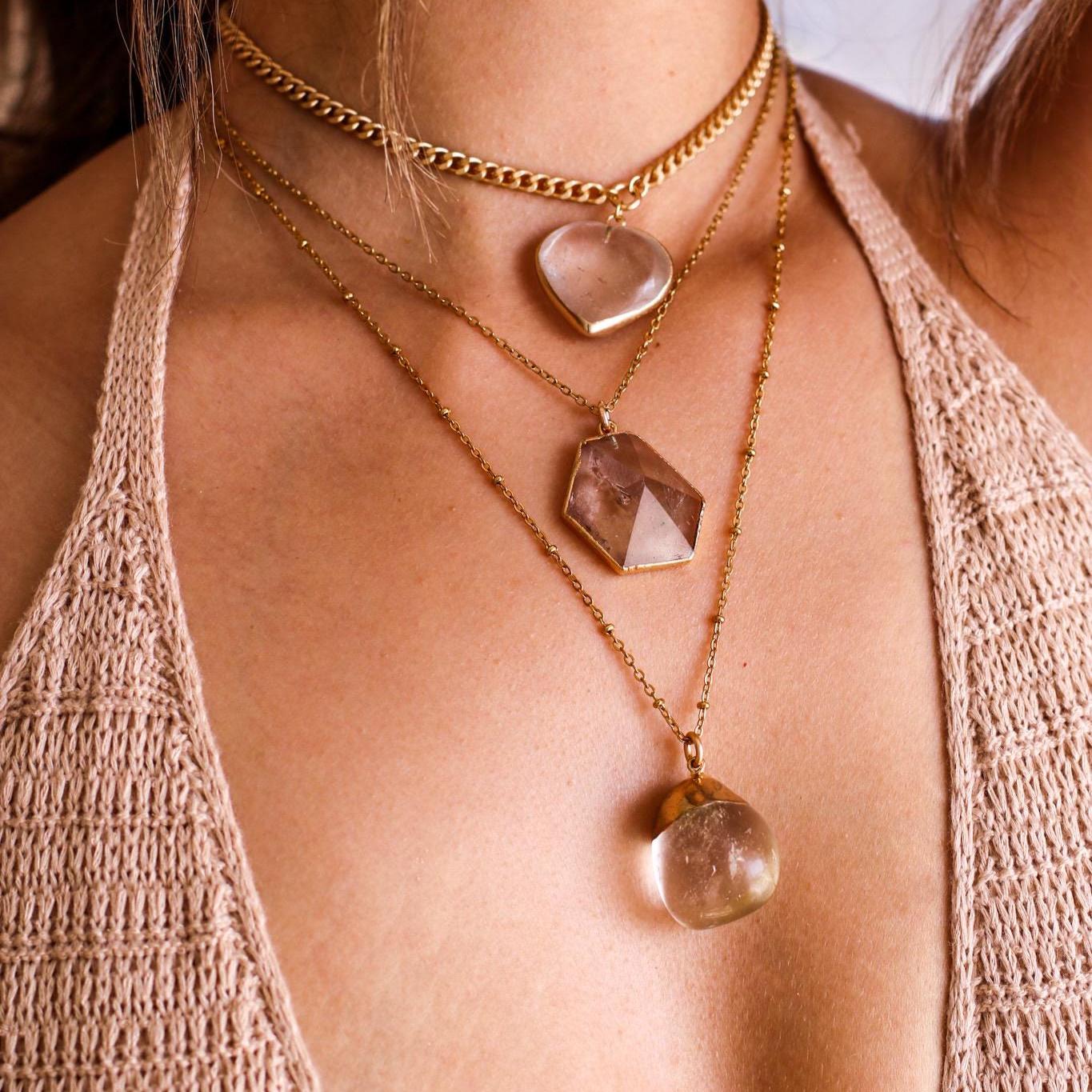 Crystal Quartz Heart Necklace on Curb Chain in Gold or Silver, Thick Chain Choker Necklace with Gemstone Heart Charm, Crystal Heart Gift