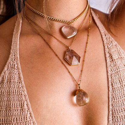 Crystal Quartz Heart Necklace on Curb Chain in Gold or Silver, Thick Chain Choker Necklace with Gemstone Heart Charm, Crystal Heart Gift