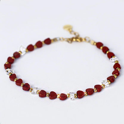 Red Heart Beaded Gemstone Bracelet, Jasper and Herkimer Diamonds, Gift for Girlfriend, Love Symbol, Heart Jewelry, Heart Chakra Bracelet