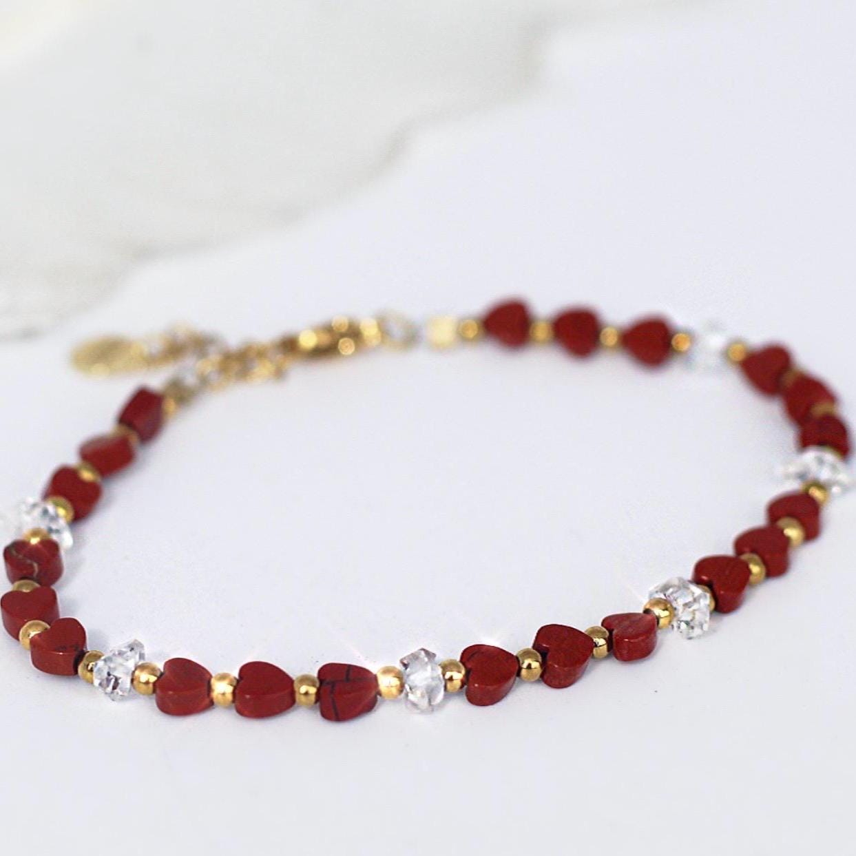 Red Heart Beaded Gemstone Bracelet, Jasper and Herkimer Diamonds, Gift for Girlfriend, Love Symbol, Heart Jewelry, Heart Chakra Bracelet
