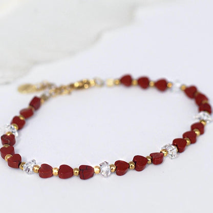 Red Heart Beaded Gemstone Bracelet, Jasper and Herkimer Diamonds, Gift for Girlfriend, Love Symbol, Heart Jewelry, Heart Chakra Bracelet