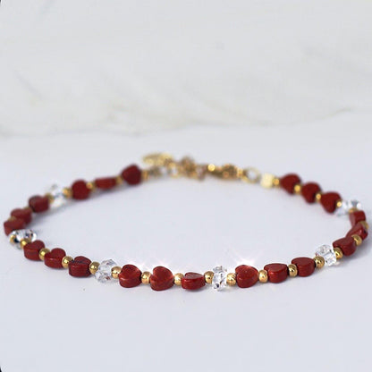 Red Heart Beaded Gemstone Bracelet, Jasper and Herkimer Diamonds, Gift for Girlfriend, Love Symbol, Heart Jewelry, Heart Chakra Bracelet