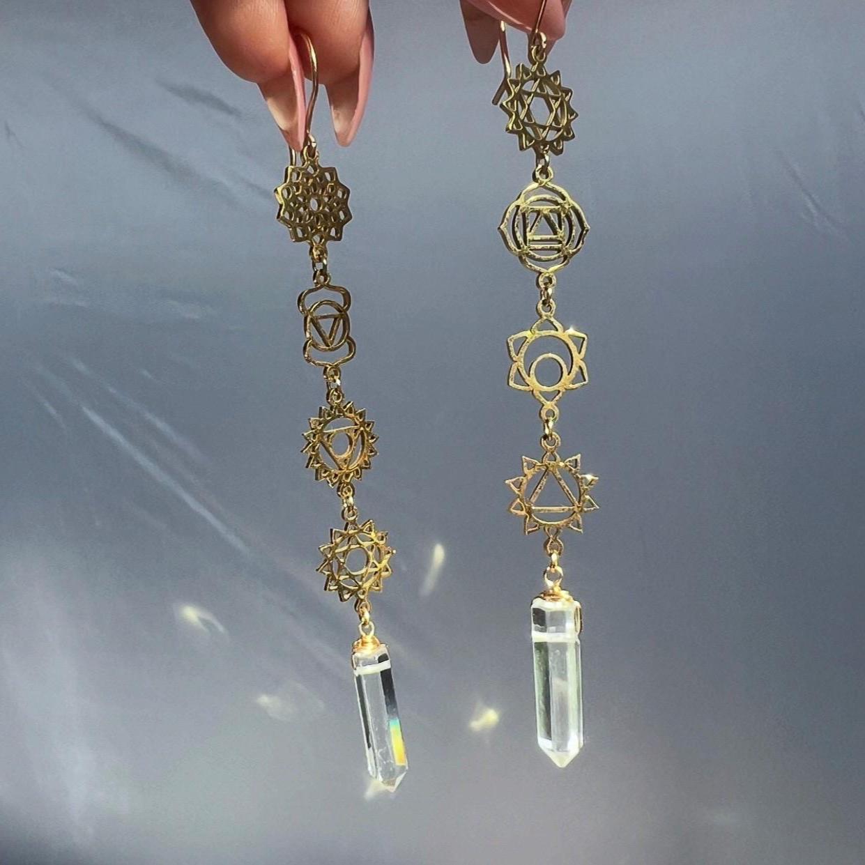 Chakra Dangle Earrings, Chakra Earrings Gold, Chakra Crystal Jewelry, Chakra Symbol Jewelry, Yoga Jewelry, Spiritual Jewelry, Chakra Healing