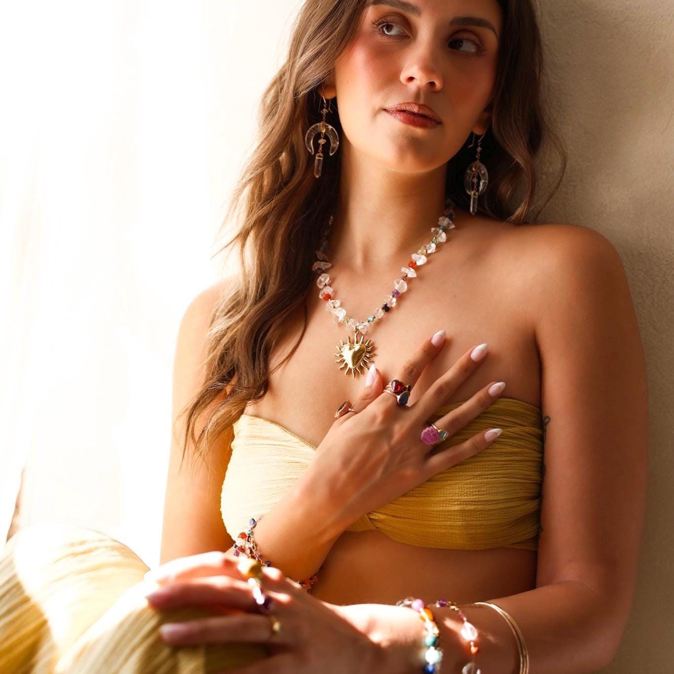 Chakra Gemstone and Herkimer Diamond Statement Necklace, Heart Chakra Choker Necklace, Chakra Stone Choker, Chunky Gemstone Choker Necklace