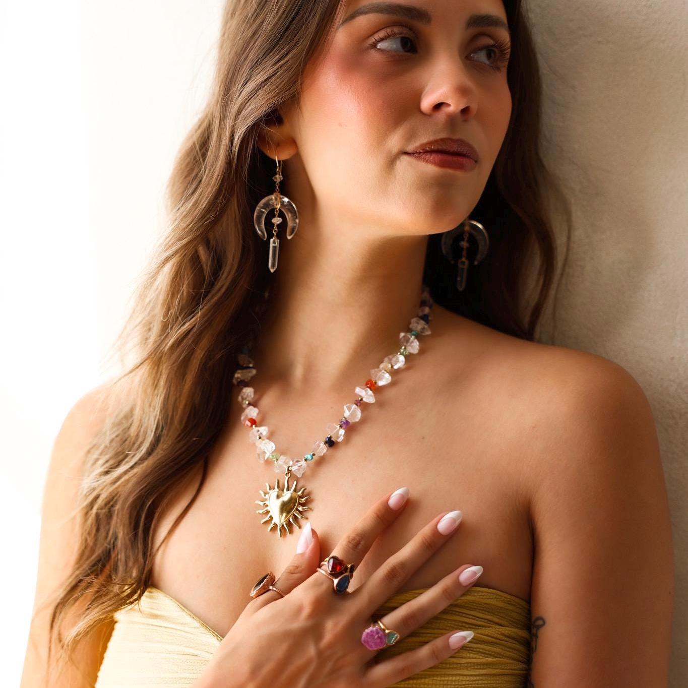 Chakra Gemstone and Herkimer Diamond Statement Necklace, Heart Chakra Choker Necklace, Chakra Stone Choker, Chunky Gemstone Choker Necklace