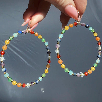 Beaded Chakra Gemstone Hoop Earrings: Boho Gemstone Chakra Hoops- Raw Chakra Gemstone Earrings, Handmade Earrings For Women