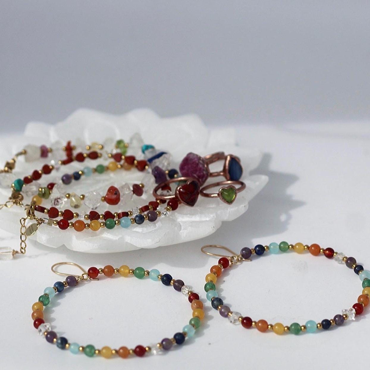 Beaded Chakra Gemstone Hoop Earrings: Boho Gemstone Chakra Hoops- Raw Chakra Gemstone Earrings, Handmade Earrings For Women