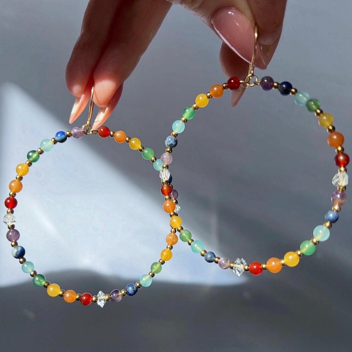 Beaded Chakra Gemstone Hoop Earrings: Boho Gemstone Chakra Hoops- Raw Chakra Gemstone Earrings, Handmade Earrings For Women