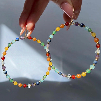 Beaded Chakra Gemstone Hoop Earrings: Boho Gemstone Chakra Hoops- Raw Chakra Gemstone Earrings, Handmade Earrings For Women