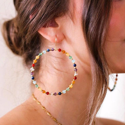 Beaded Chakra Gemstone Hoop Earrings: Boho Gemstone Chakra Hoops- Raw Chakra Gemstone Earrings, Handmade Earrings For Women