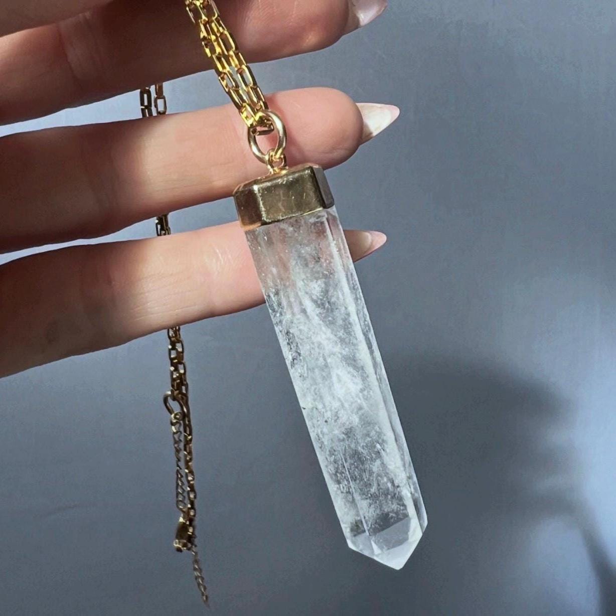 Long Narrow Crystal Quartz Pendant: Non Tarnish Chain, Quartz Point Necklace