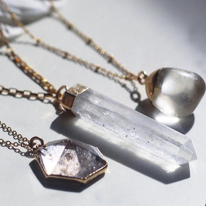 Long Narrow Crystal Quartz Pendant: Non Tarnish Chain, Quartz Point Necklace
