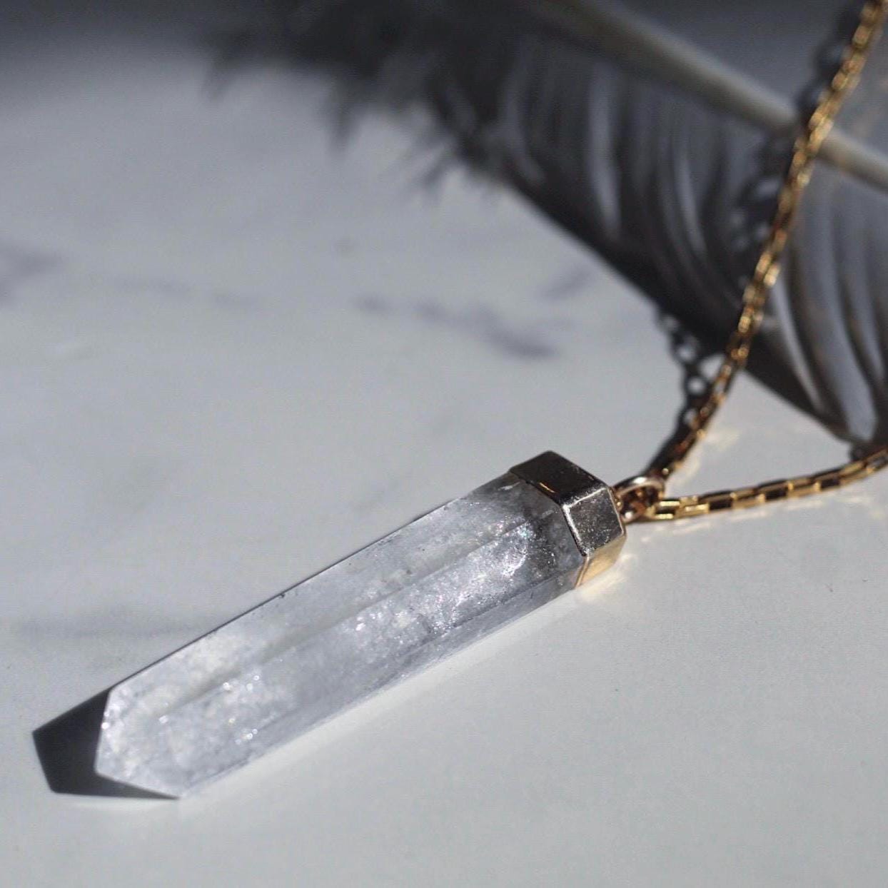 Long Narrow Crystal Quartz Pendant: Non Tarnish Chain, Quartz Point Necklace