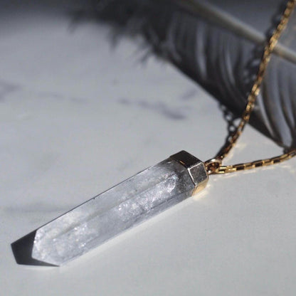 Long Narrow Crystal Quartz Pendant: Non Tarnish Chain, Quartz Point Necklace