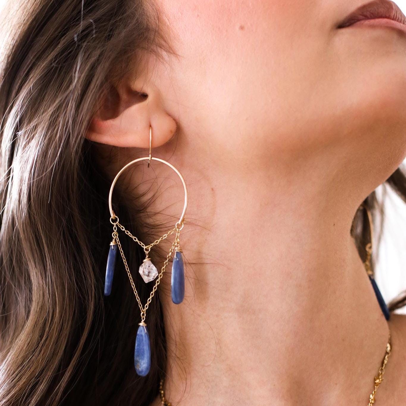 Boho Chandelier Gemstone Earrings with Kyanite and Herkimer Diamonds, Blue Wedding Jewelry, Statement Earrings, Something Blue