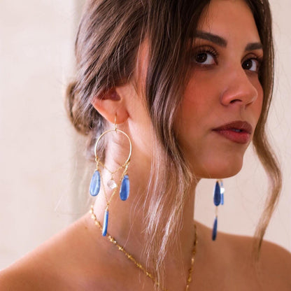 Boho Chandelier Gemstone Earrings with Kyanite and Herkimer Diamonds, Blue Wedding Jewelry, Statement Earrings, Something Blue