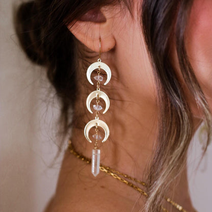 Crystal Moon Dangle Earrings, Triple Moon Goddess Earrings, Gold Moon Jewelry, Boho Crescent Moon Earrings