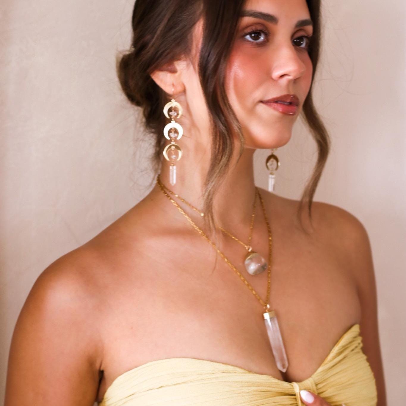 Crystal Moon Dangle Earrings, Triple Moon Goddess Earrings, Gold Moon Jewelry, Boho Crescent Moon Earrings